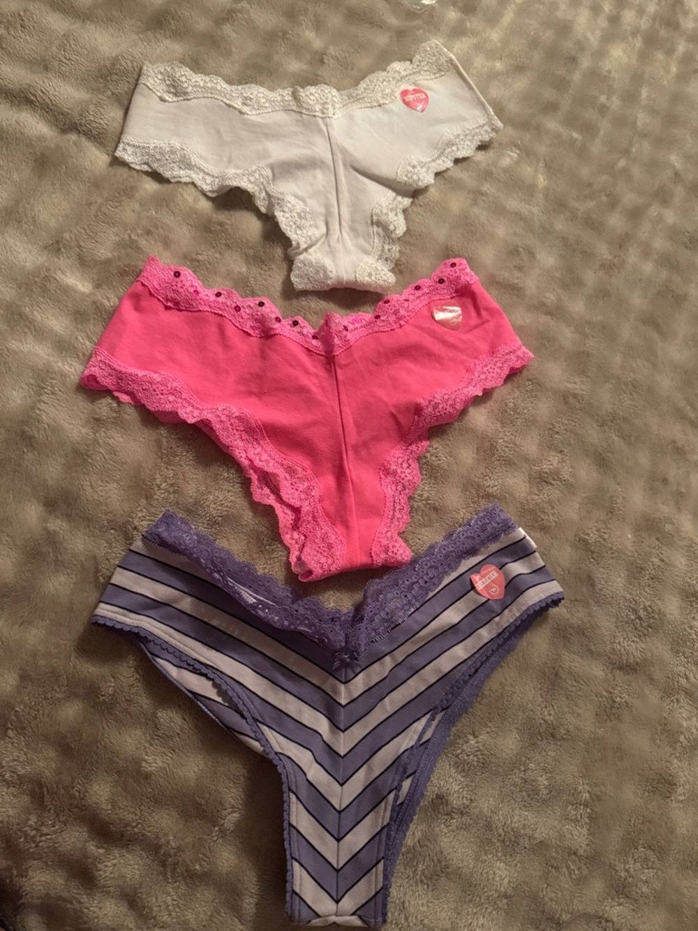Victoria's Secret Lace-Trim Bikini Panties – White, Pink & Purple Stripe Set